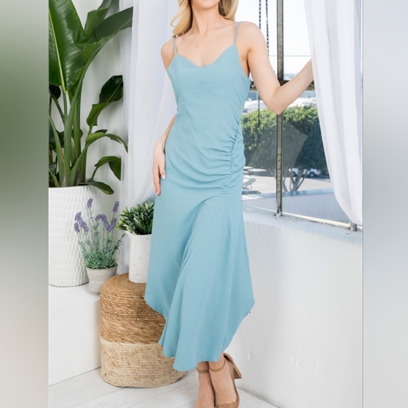 TEAL WITH RUCHED DETAIL SLIP DRESS - Picture 1 of 3